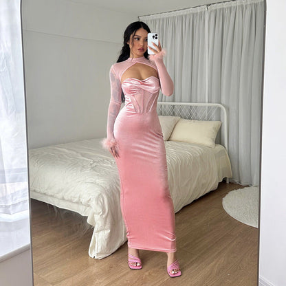 NTG Fad Pink / S Sexy plush mesh stitching hollow slim dress