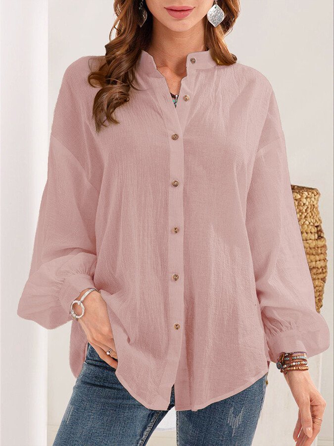 NTG Fad Pink / S Women's Button V-neck Cotton Linen Shirt