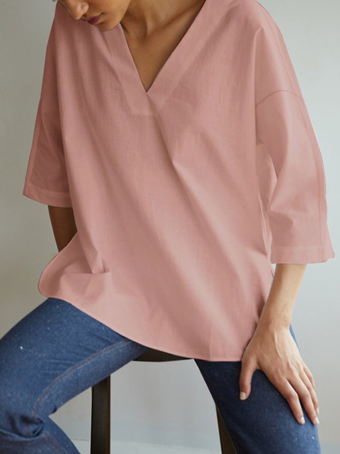 NTG Fad Pink / S Women's Casual Pure Color V-Neck Cotton Shirt