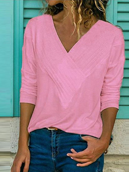 NTG Fad Pink / S Women's Cotton Linen Big V Neck Hem Bifurcated Multi-layer Collar Pleated Long Sleeve T-Shirt Top