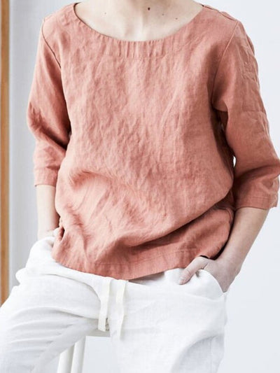 NTG Fad Pink / S Women's Cotton Linen Comfortable Casual Simple Loose Pullover Shirt