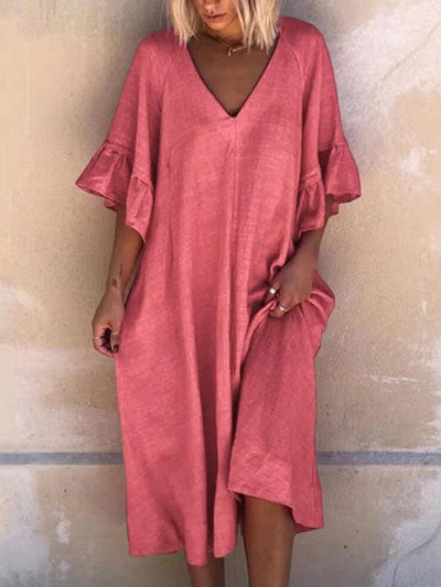 NTG Fad Pink / S Women's Cotton Linen V-Neck Ruffled Three-quarter Sleeve Midi Dress