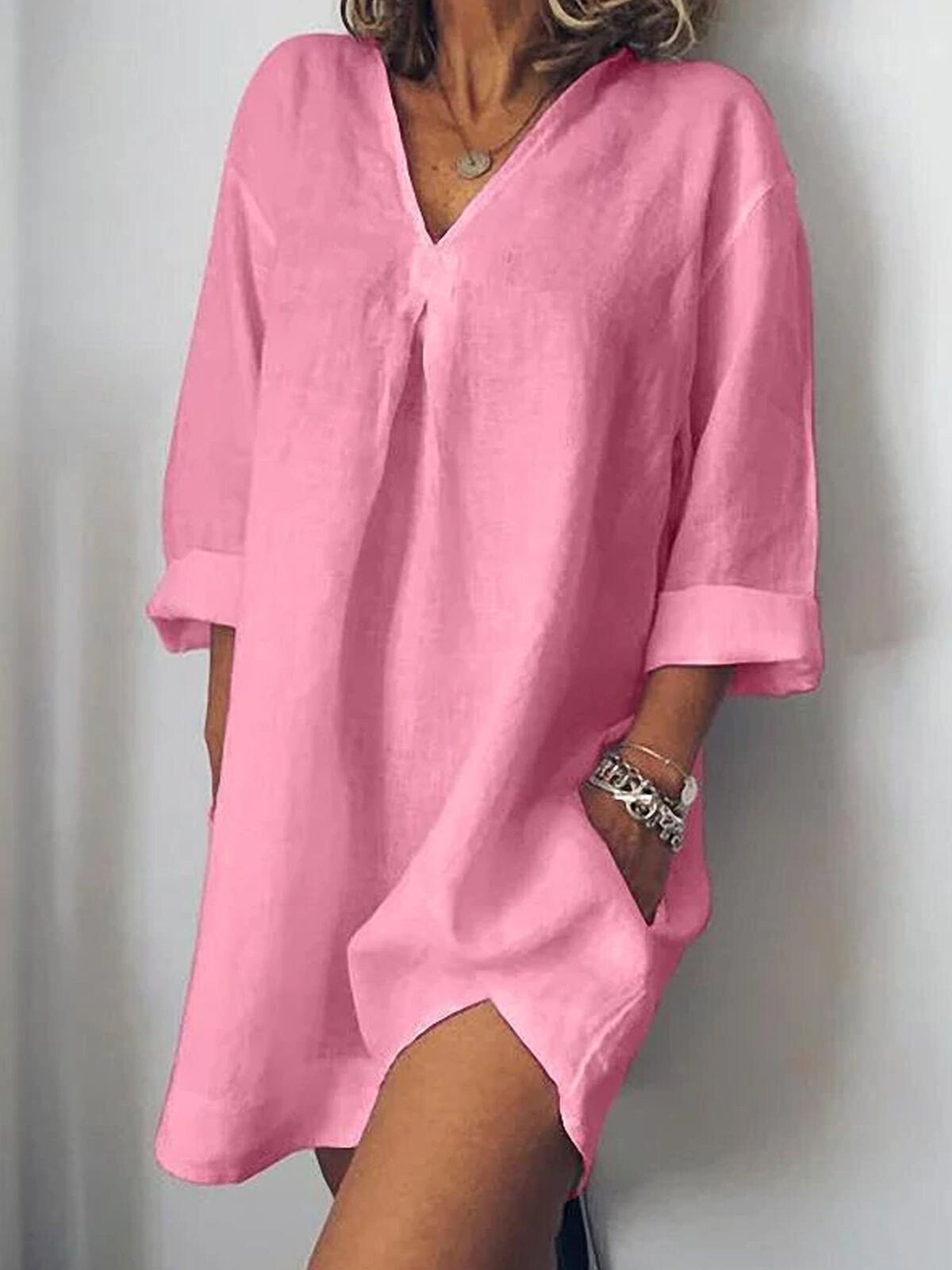 NTG Fad Pink / S Women's Pure Color V-Neck Linen Dress