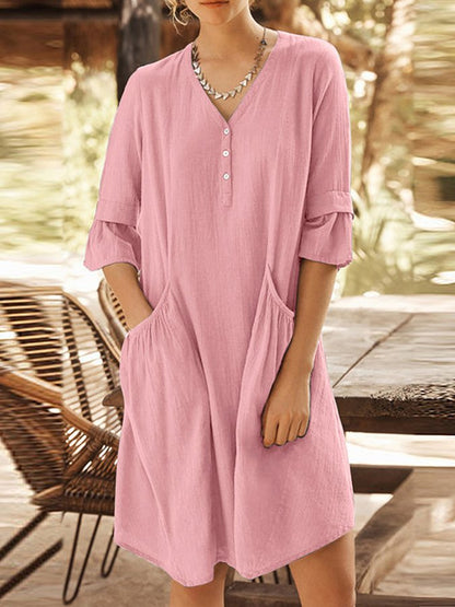NTG Fad Pink / S Women's Simple Fashion V Neck Big Pocket Half Sleeve Midi Dress
