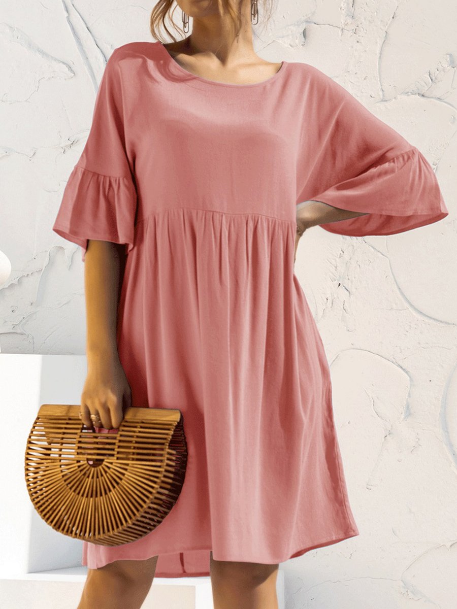 NTG Fad Pink / S Women's Solid Color Flared Sleeve Pleated Cotton Linen Dress