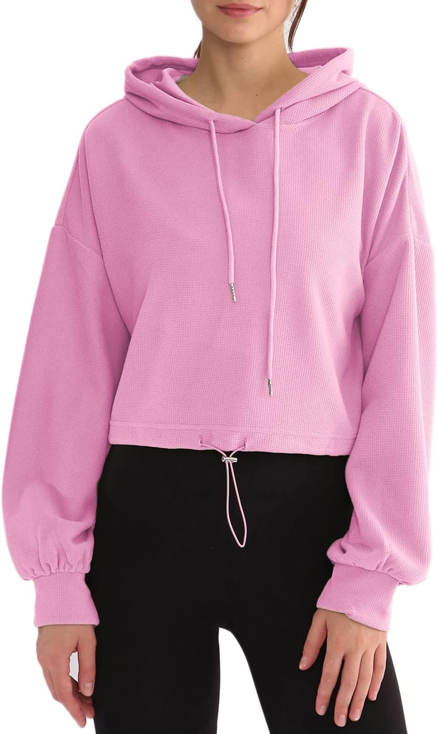 NTG Fad Pink / X-Large Amazhiyu Womens Cropped Hoodie Waffle Knit Drop Shoulder Drawstring Crop Top