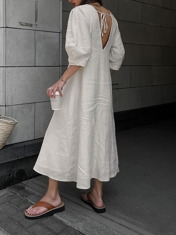 NTG Fad Puff-sleeved Cotton and Linen Open-back Loose Shirt Dress