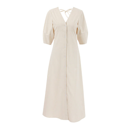 NTG Fad Puff-sleeved Cotton and Linen Open-back Loose Shirt Dress