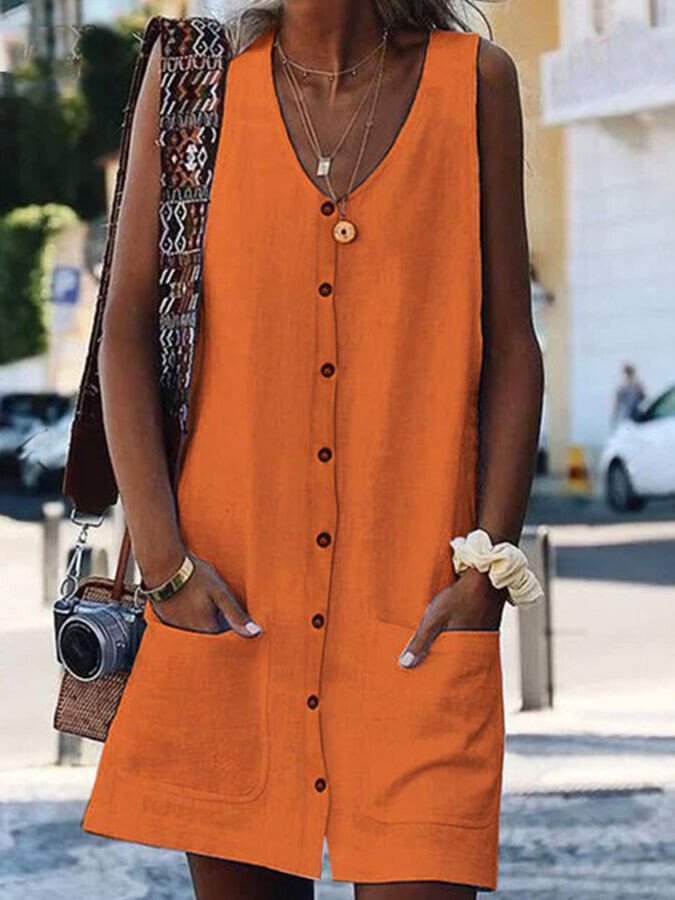 NTG Fad pumpkin orange / S Women's Fashion Simple Cotton Linen V-Neck Pocket Sleeveless Cardigan Dress