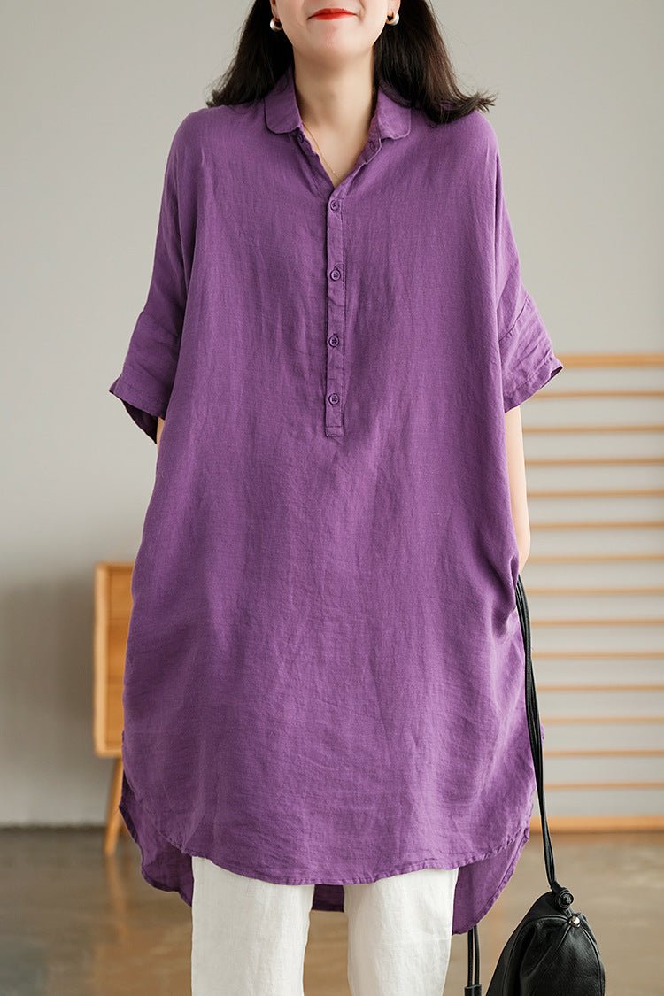 NTG Fad Purple / M Women's Loose Cotton Linen Half Sleeve Dress