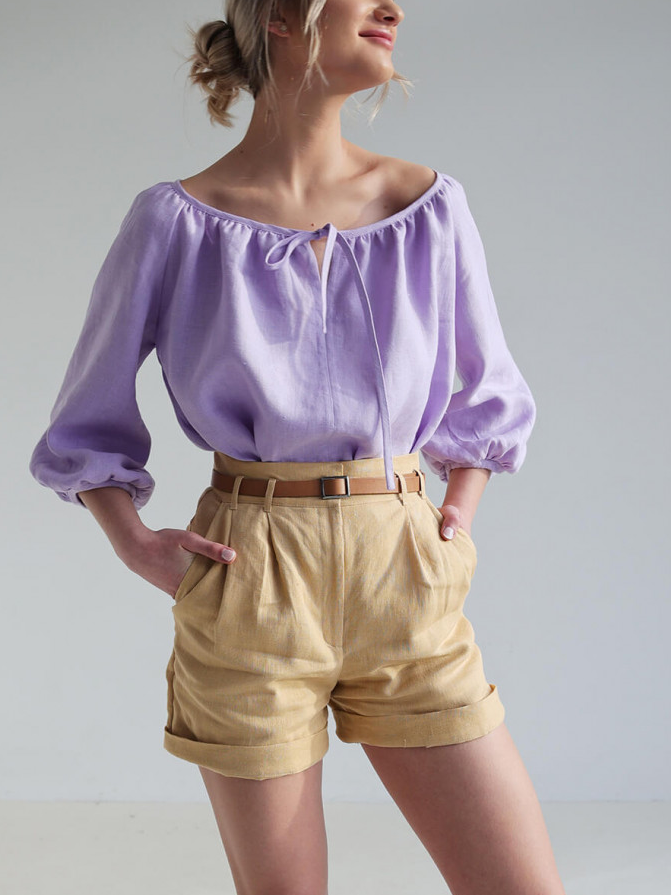 NTG Fad Purple / S Cotton Linen Blouse Bloom with Tie Neck