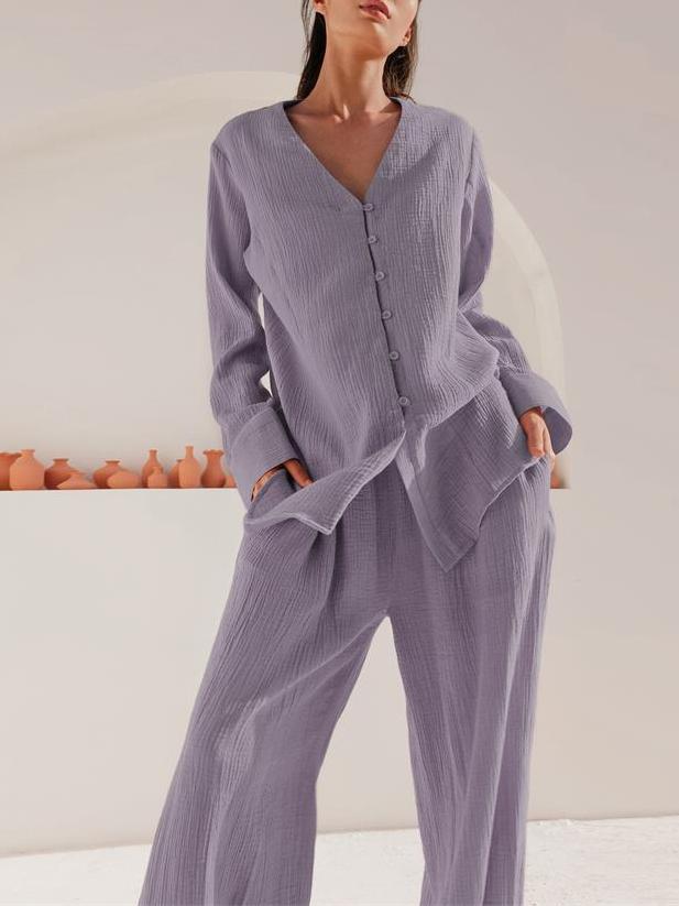 NTG Fad Purple / S Cotton Long Pajamas Casual Loose Two-piece Set