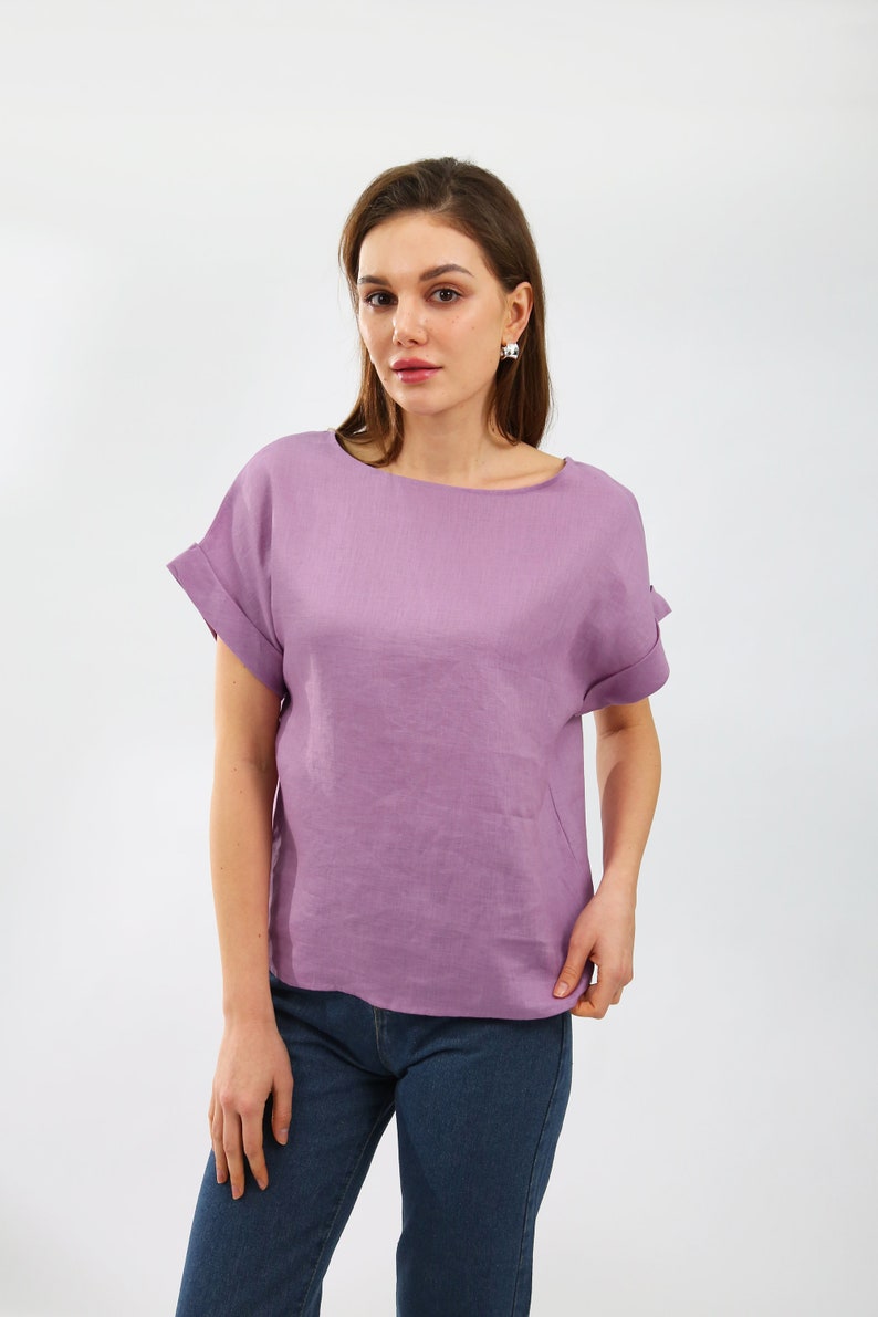 NTG Fad Purple / S US women's letter 100% Linen Short Sleeve Top