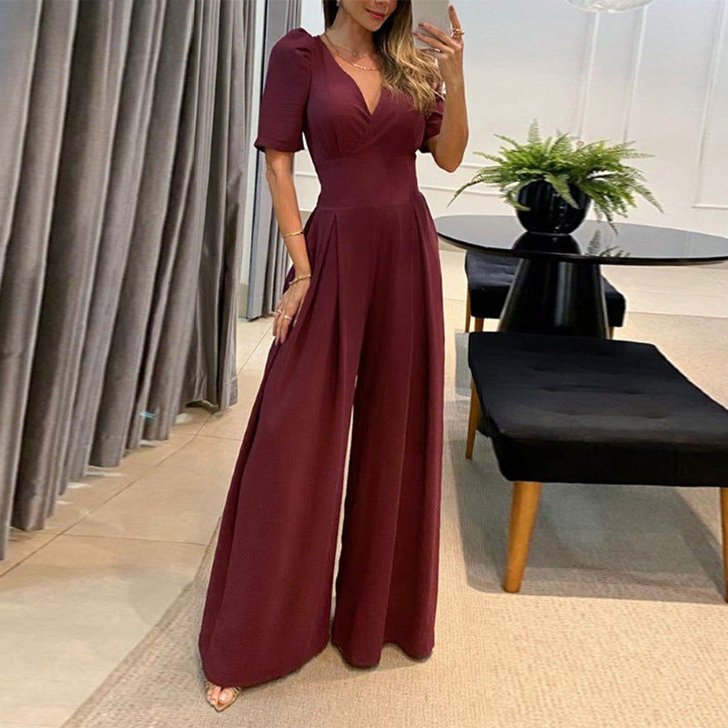 NTG Fad Red Brown / S Casual V-neck lace-up high-waist puff short-sleeved wide-leg jumpsuit
