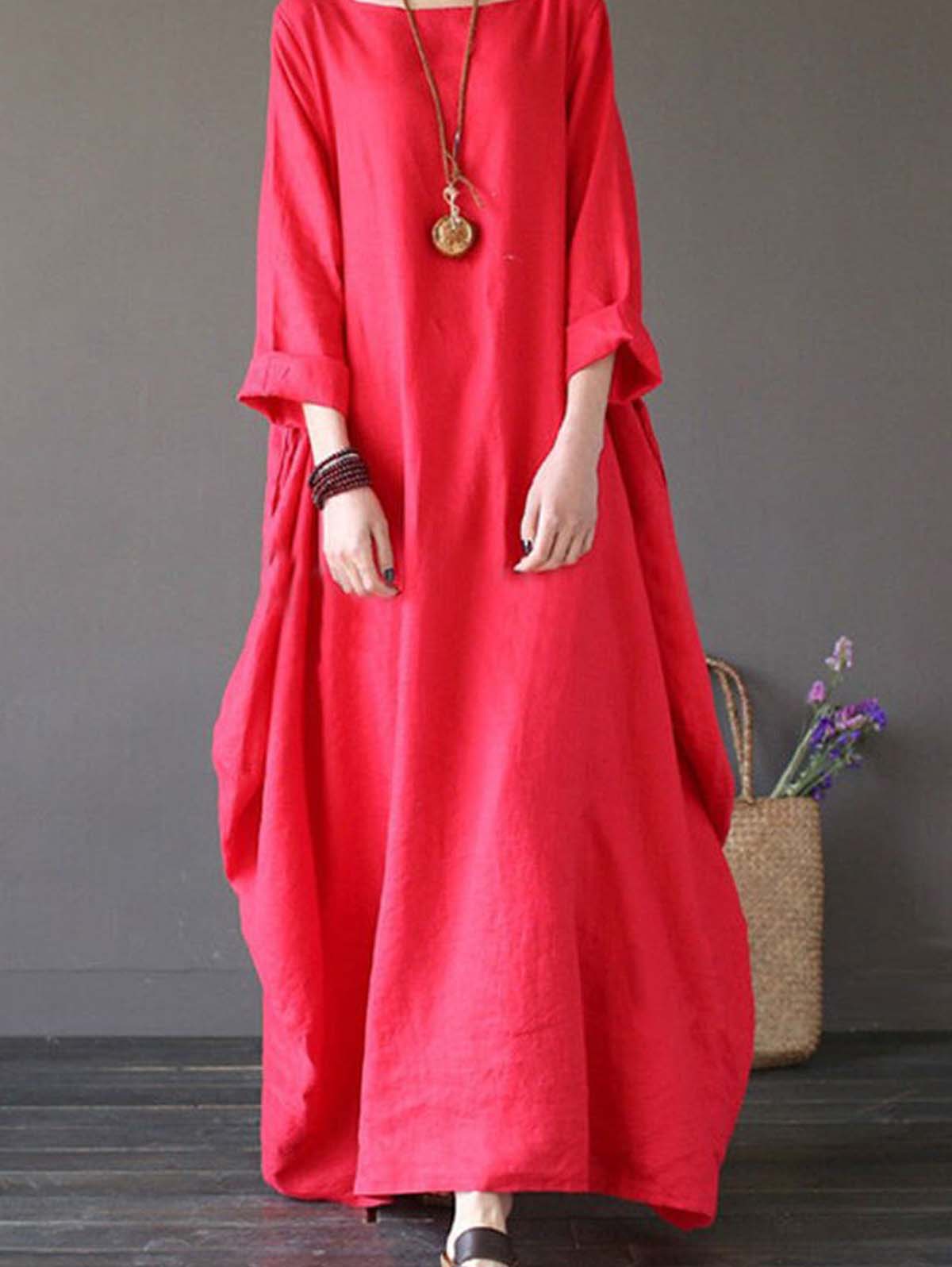 NTG Fad Red / M Women's cotton and linen loose plus size dress