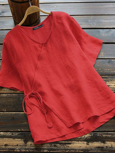 NTG Fad Red / M Women's Cotton Linen Solid Color Lace-Up Button-Up Shirt