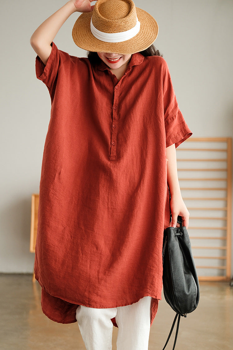 NTG Fad Red / M Women's Loose Cotton Linen Half Sleeve Dress