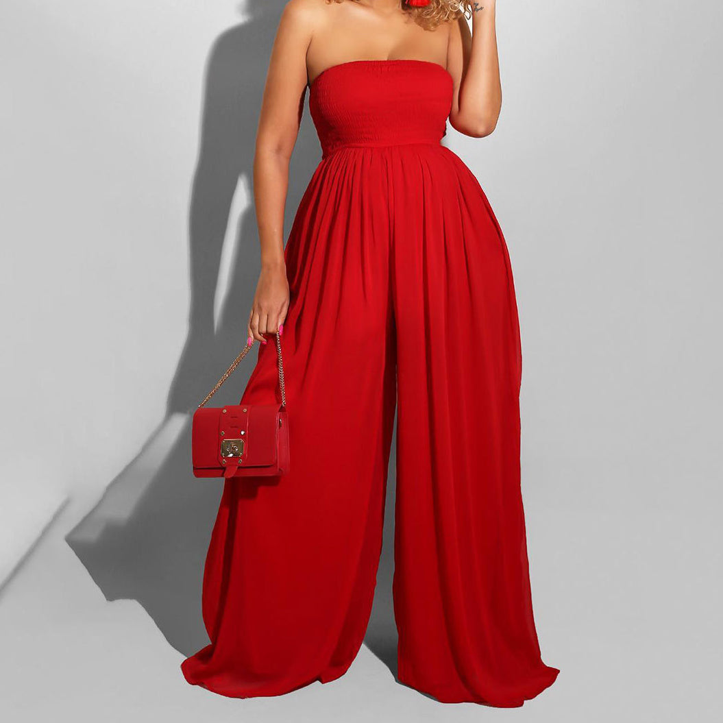 NTG Fad Red / S Casual chiffon high-waisted floor-length wide-leg jumpsuit