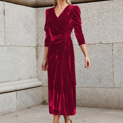 NTG Fad Red / S Elegant long sleeve gold velvet maxi dress