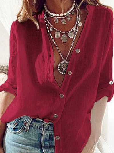NTG Fad Red / S Ladies Cotton Linen Solid Color Pull-Sleeve Loose V-Neck Long-Sleeve Shirt