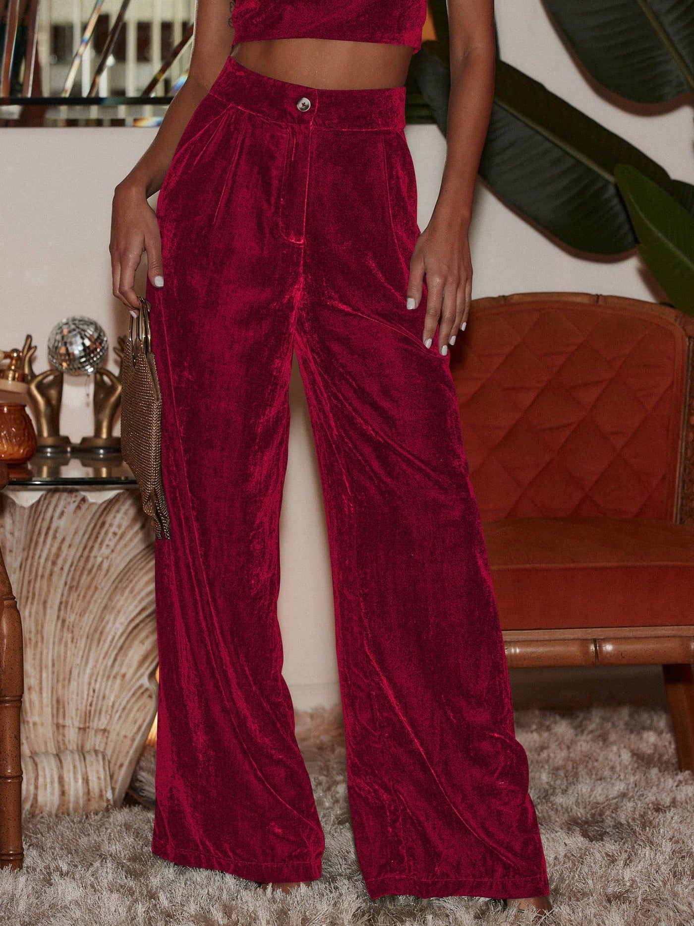 NTG Fad Red / S Loose casual gold velvet drapey wide-leg pants