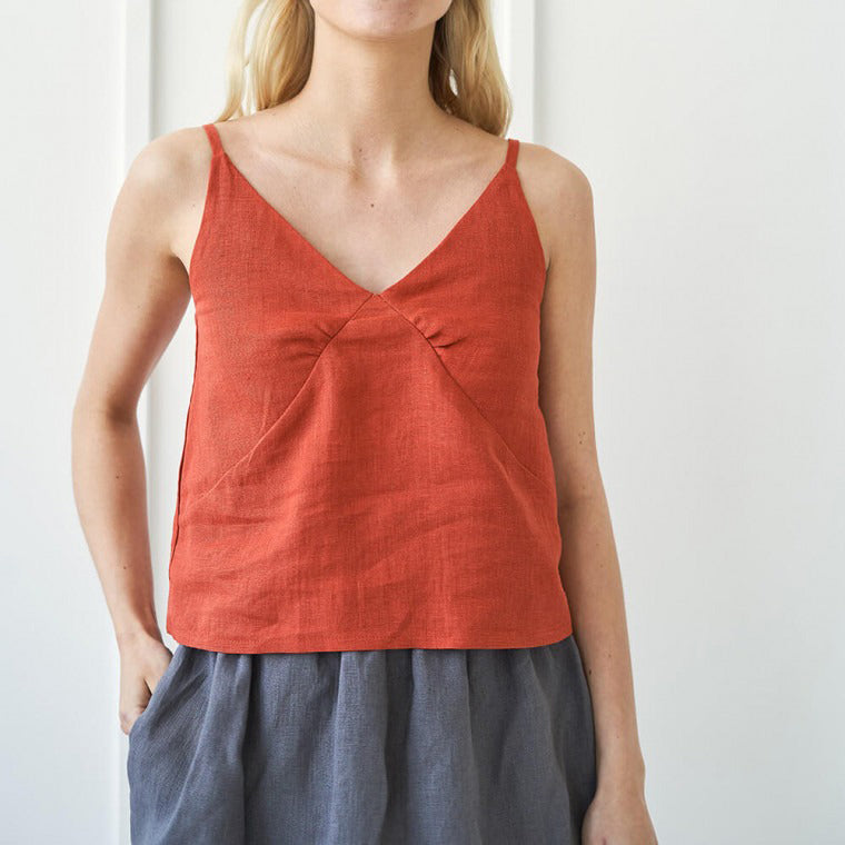 NTG Fad Red / S SPAGHETTI STRAP LINEN TOP (Hand Made)