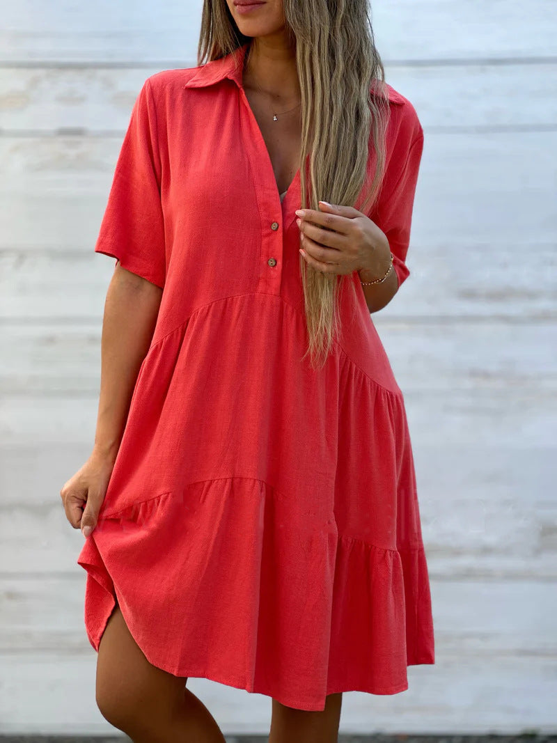 NTG Fad Red / S Women Plain Shirt Collar Short Sleeve Comfy Casual Short Dress