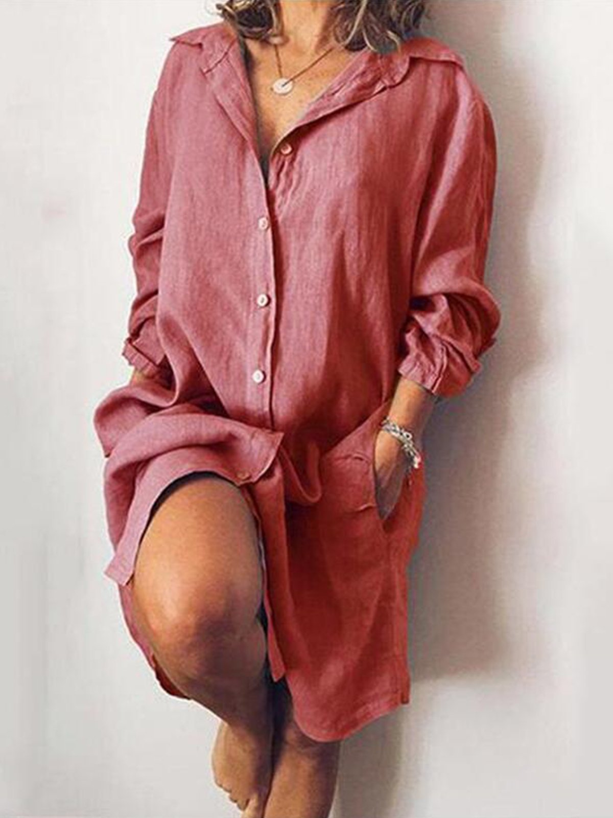 NTG Fad Red / S Women's Casual Pure Color Cotton Shirt Dress