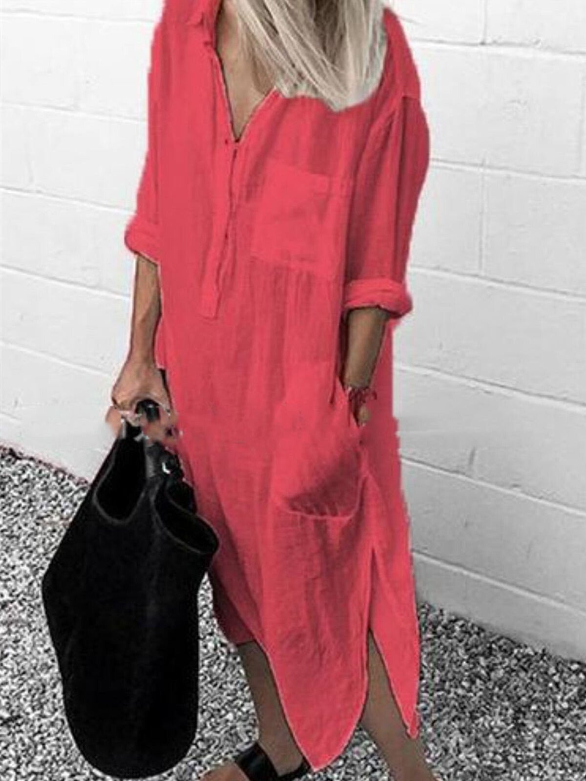 NTG Fad Red / S Women's Casual Pure Color Cotton Shirt Dress