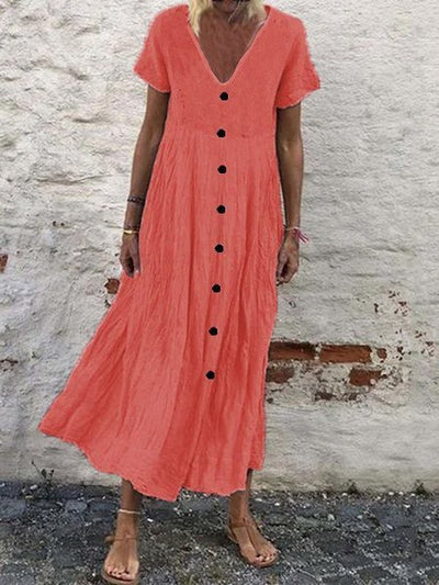 NTG Fad Red / S Women's Casual Solid Color Button V-Neck Cotton Linen Dress