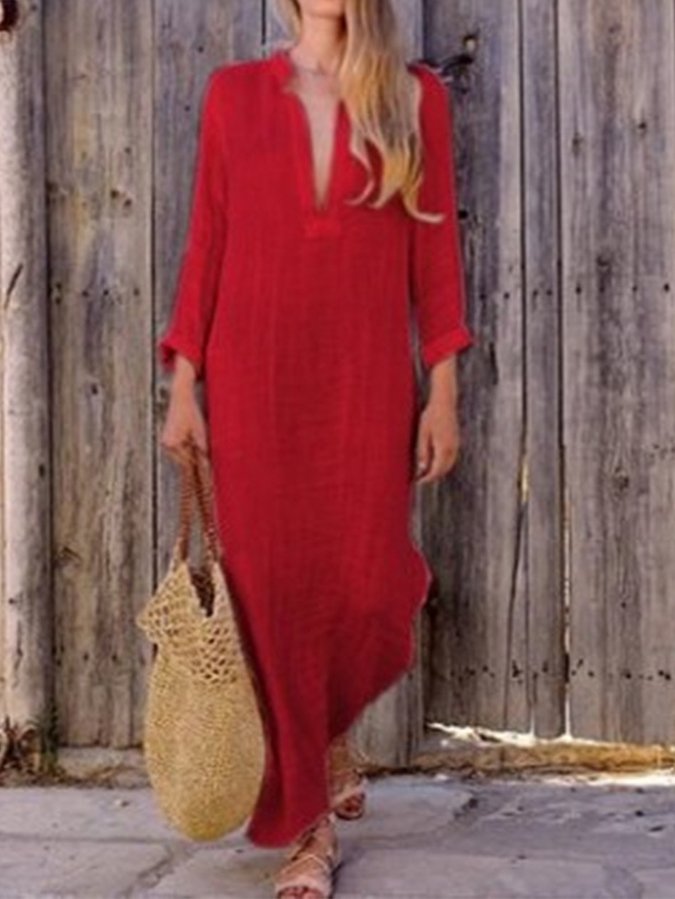NTG Fad Red / S Women's Solid Color Deep V-Neck Slit Long Dress
