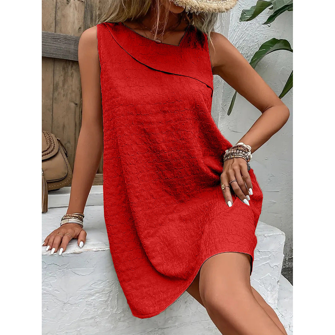 NTG Fad Red / S Women Short Dress Plain Asymmetrical Sleeveless Comfy Casual Dress