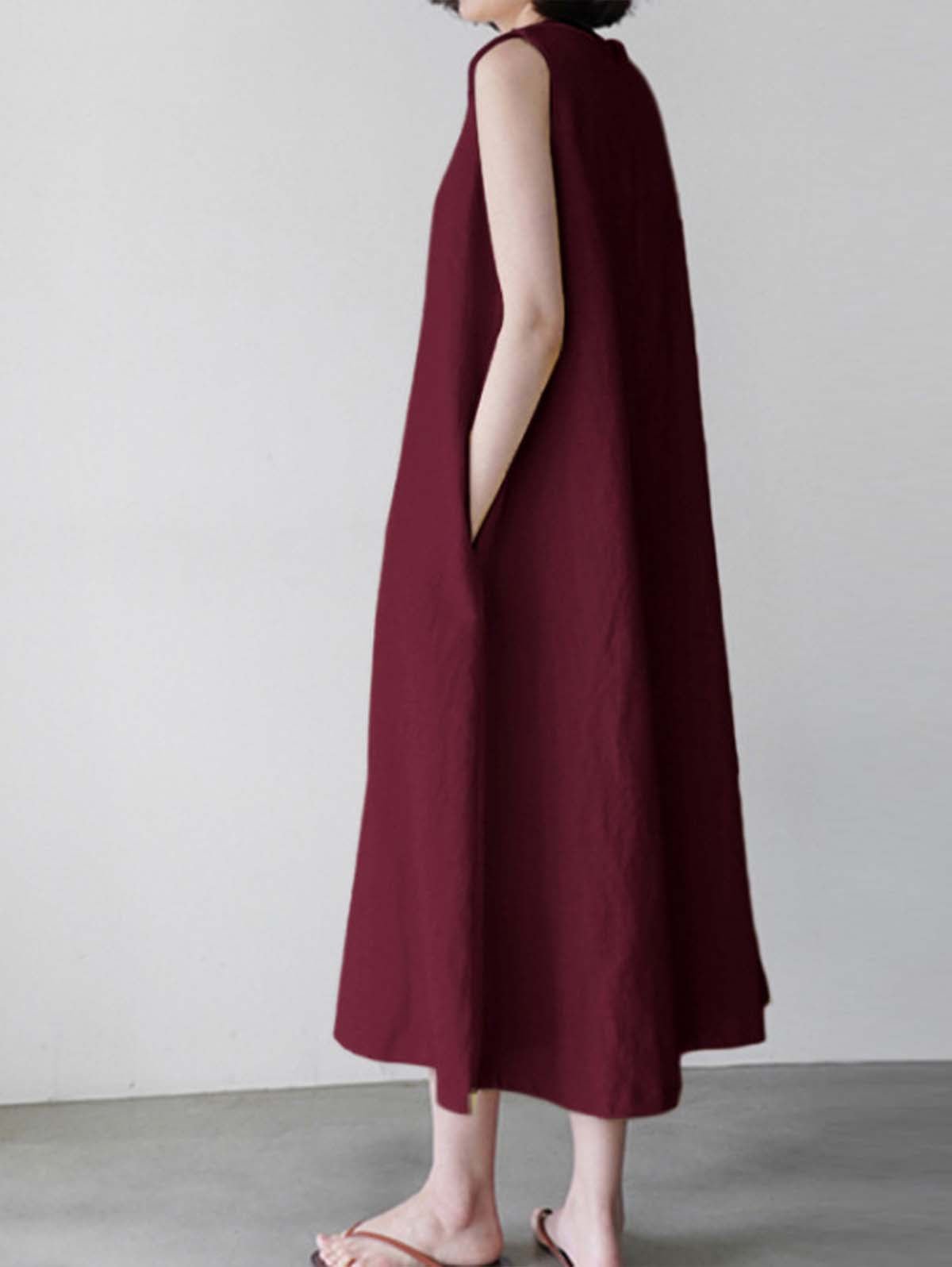 NTG Fad Red Wine / M Loose Solid Color Pocket Sleeveless Cotton And Linen Dress
