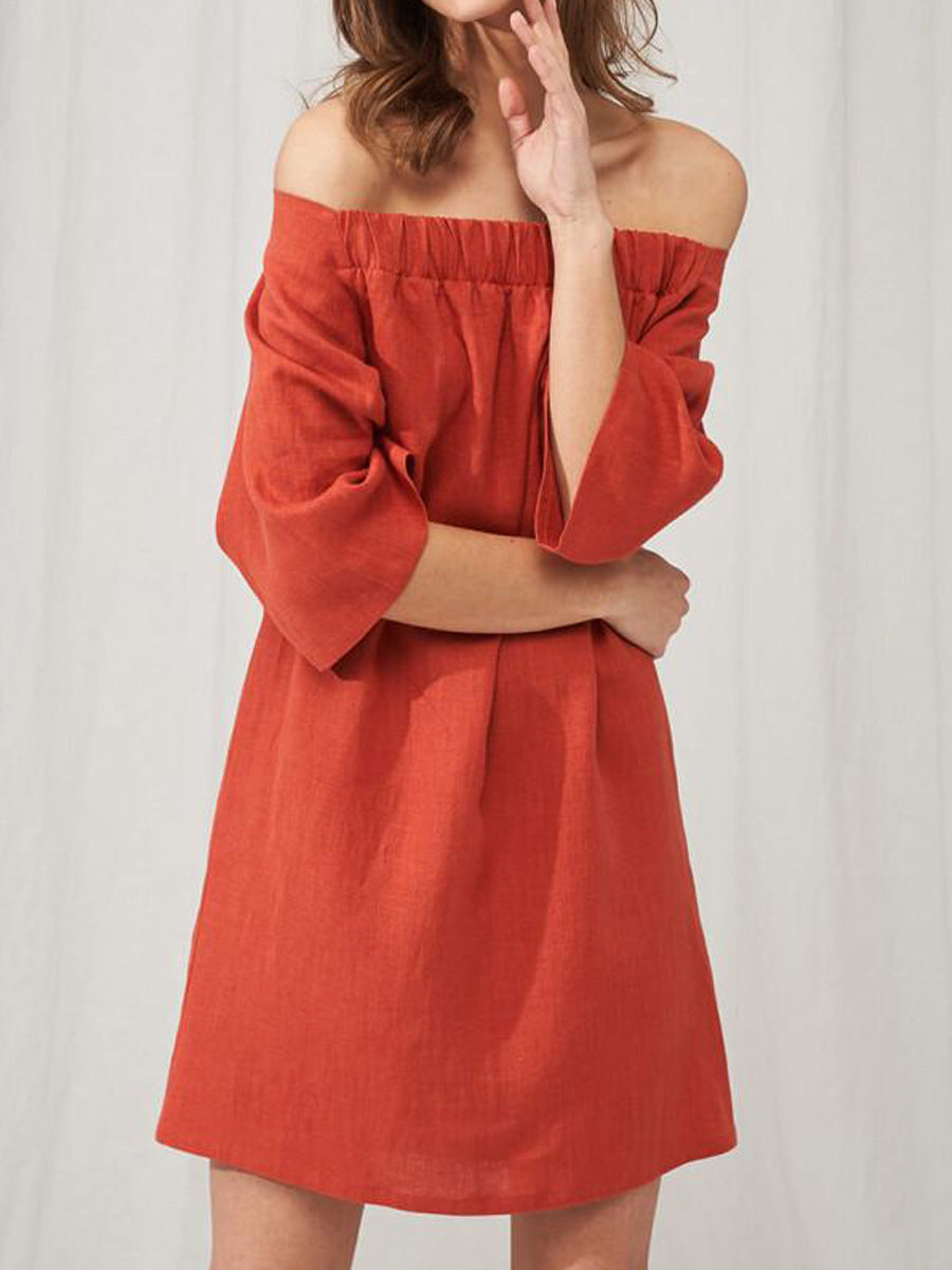 NTG Fad Red / XS Linen Off Shoulder Dress-Handmade