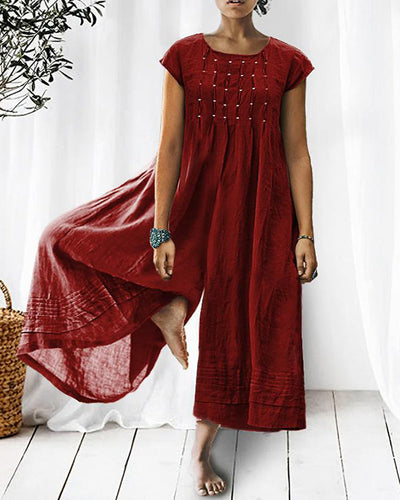 NTG Fad Red / XS Solid Relaxed Loose Pleated Linen Jumpsuit