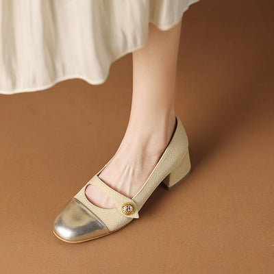 NTG Fad Retro Round Head Gold Button Thick Heel Colored Mary Jane Single Shoes
