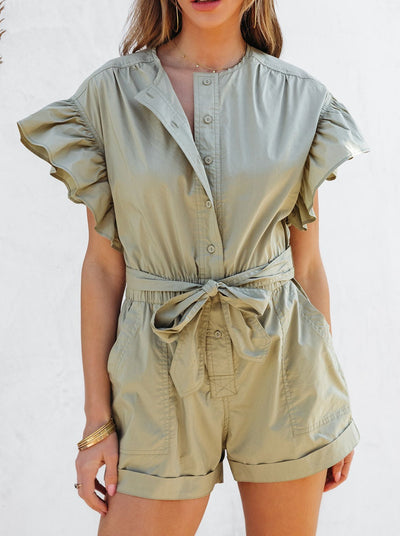 NTG Fad Romper Olive / S Lace-up ruffled pocket jumpsuit - (Hand Made)