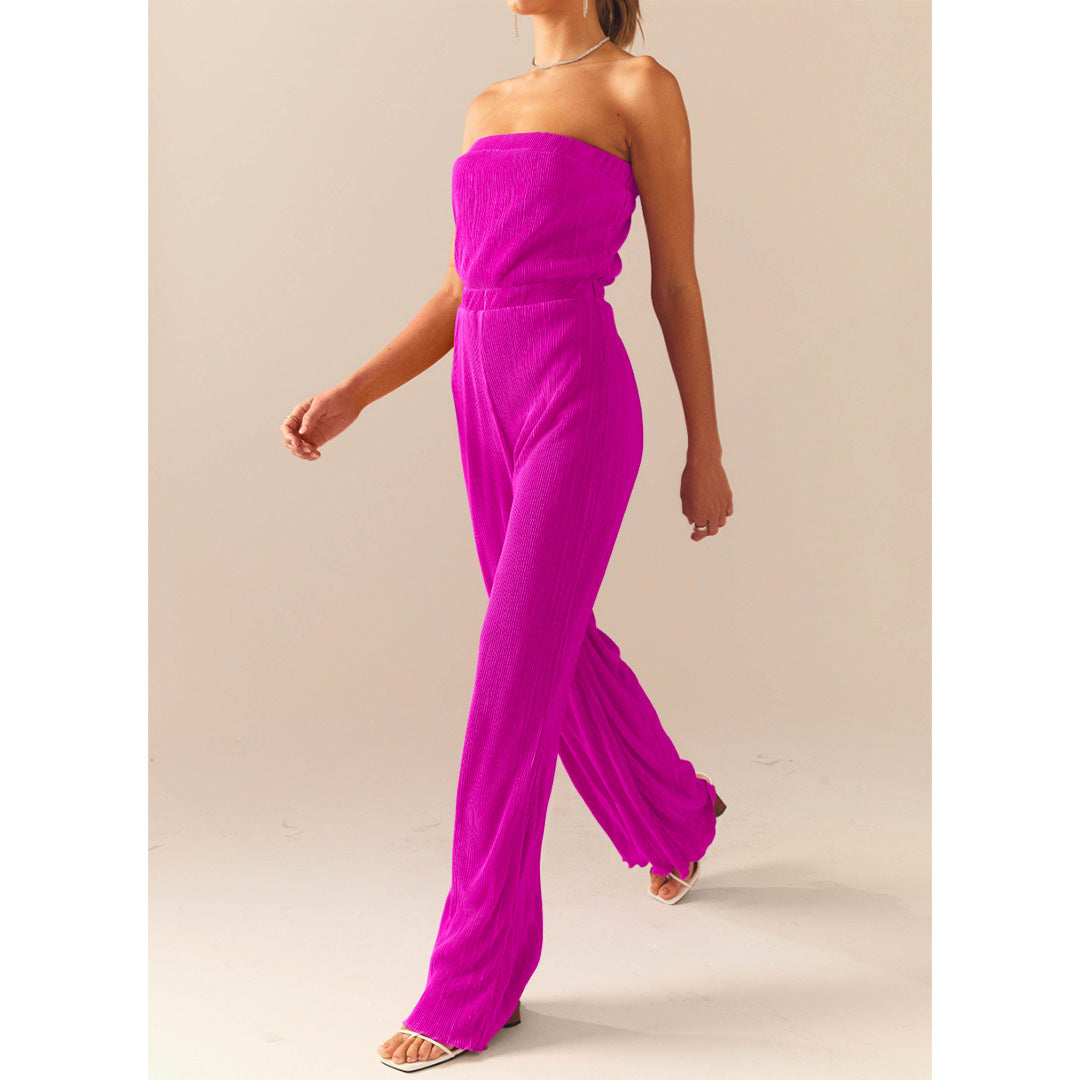 NTG Fad Rose Red / S Comfortable pleated fabric bust-swinging wide-leg jumpsuit