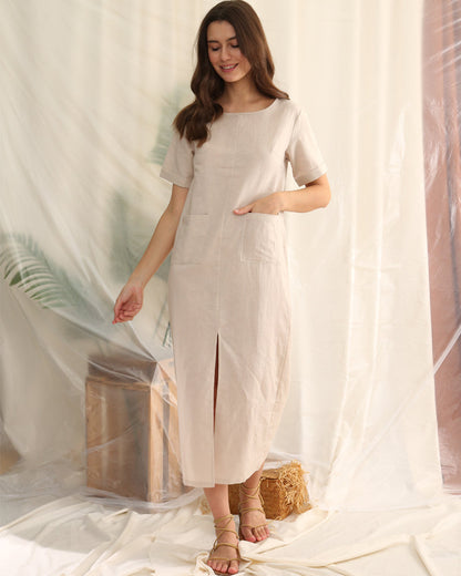 NTG Fad Round Cotton linen neck short sleeve slit casual dress