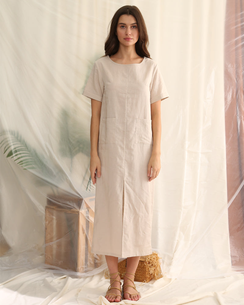 NTG Fad Round Cotton linen neck short sleeve slit casual dress