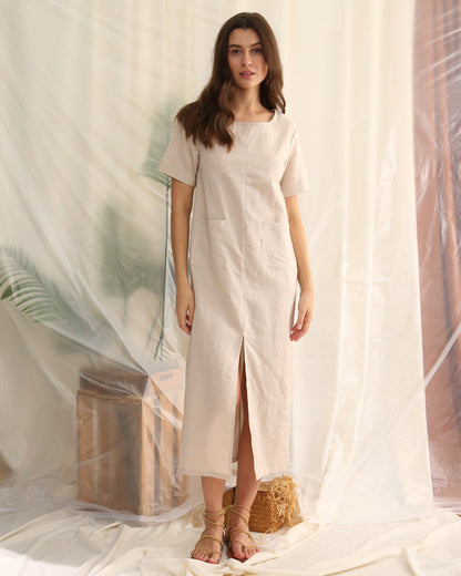 NTG Fad Round Cotton linen neck short sleeve slit casual dress