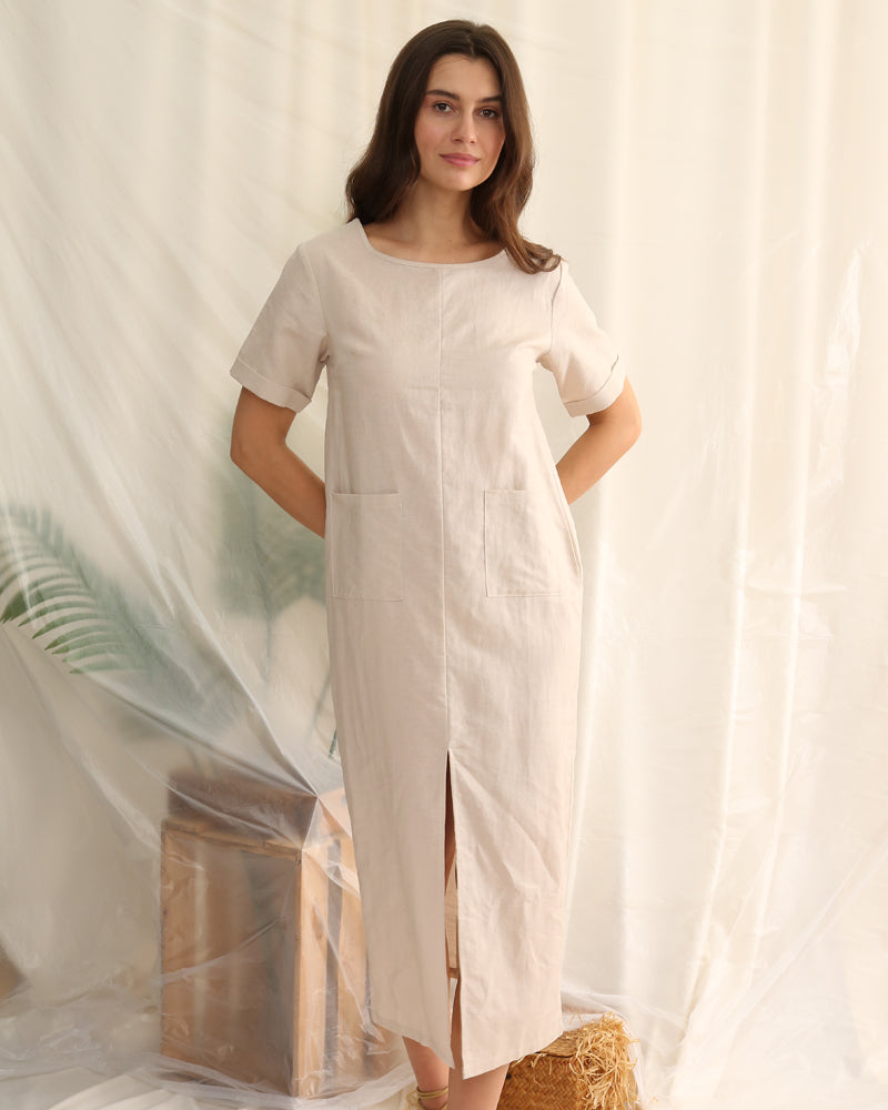 NTG Fad Round Cotton linen neck short sleeve slit casual dress