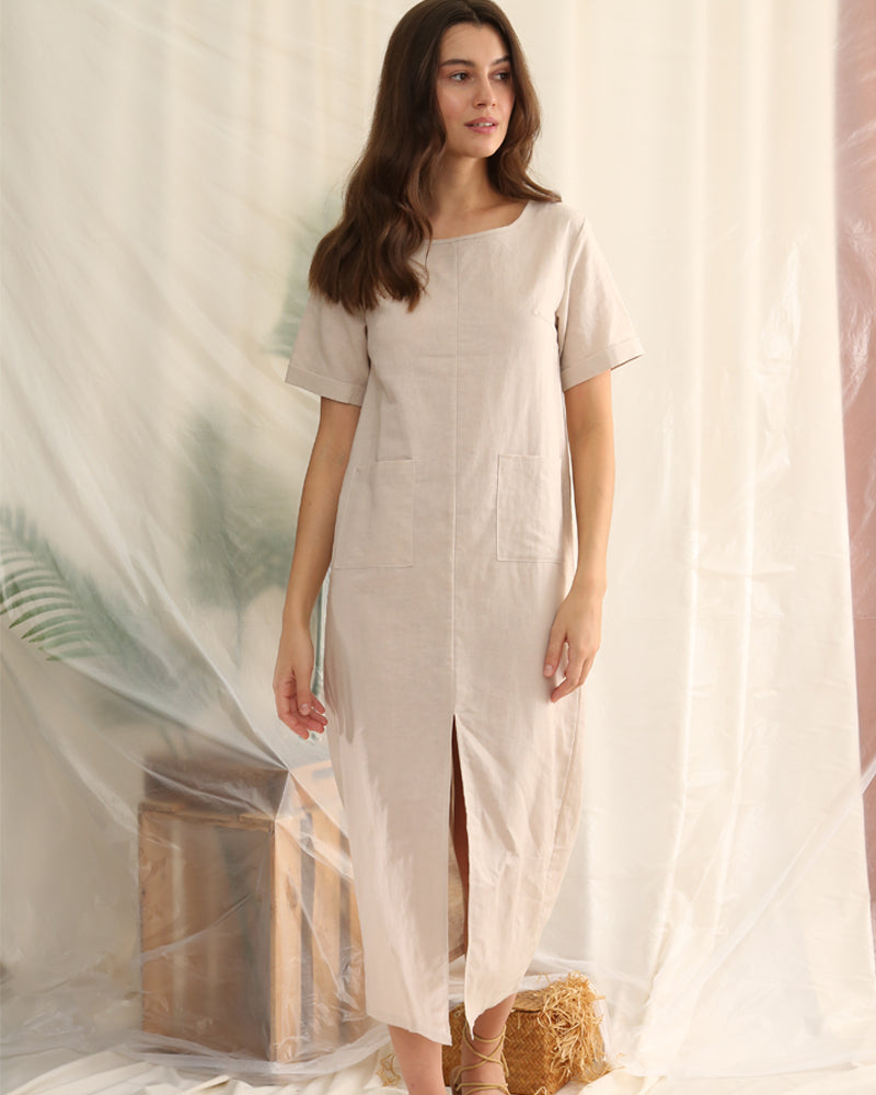 NTG Fad Round Cotton linen neck short sleeve slit casual dress