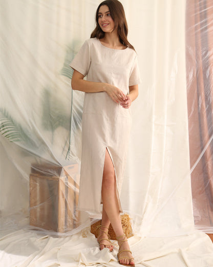 NTG Fad Round Cotton linen neck short sleeve slit casual dress