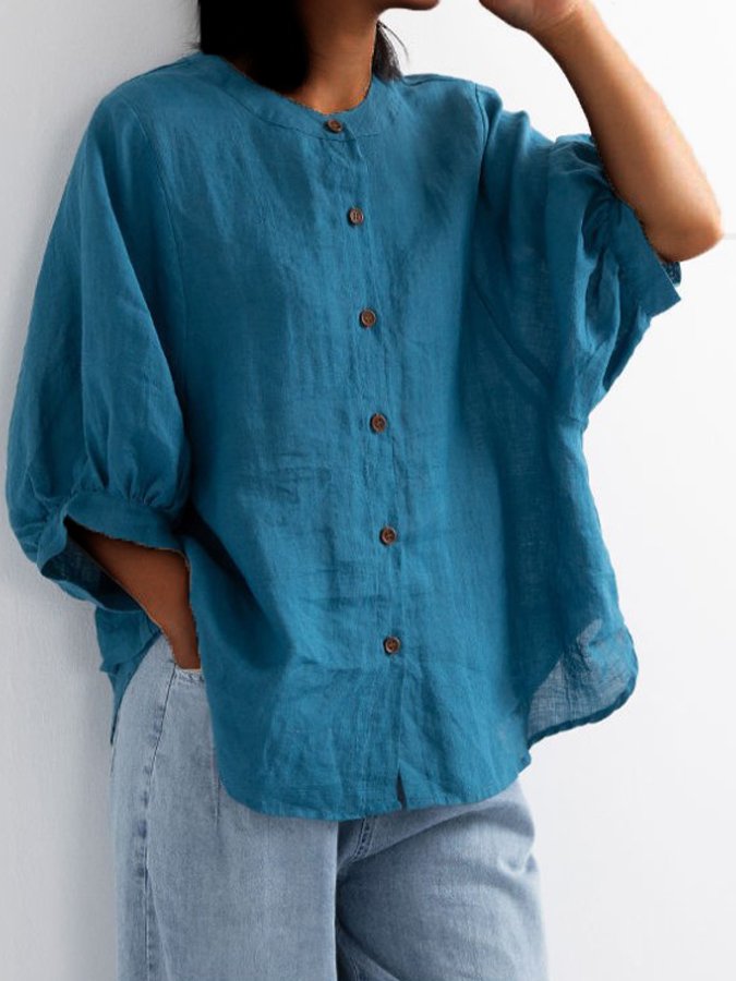 NTG Fad Royal Blue / M Women's Solid Color Lantern Sleeve Retro Loose Medium Sleeve Cotton Linen Shirt
