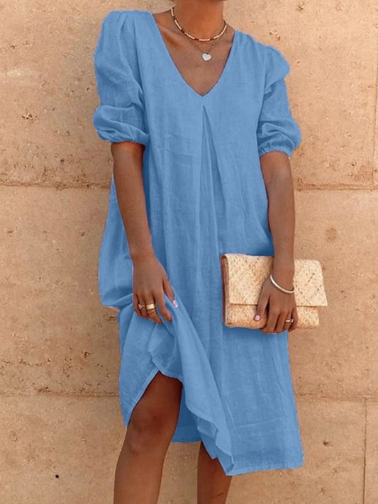 NTG Fad Royal Blue / S Ladies Cotton Linen Solid Color Fashion Casual Dress