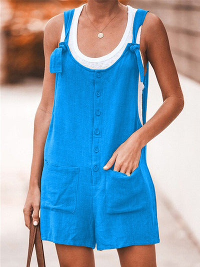 NTG Fad Royal Blue / S Ladies Spring/Summer Solid Color Round Neck Button Loose Short Jumpsuit