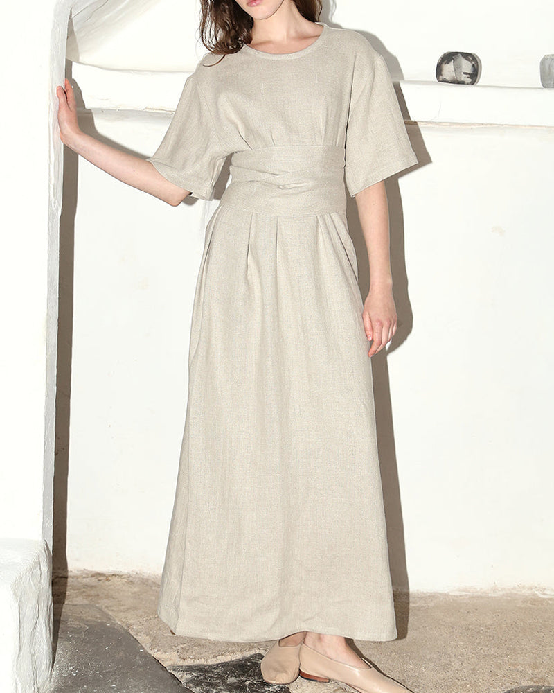 NTG Fad S / Beige grey Solid Color Elegant Short Sleeve Linen Dress-(Hand Made)