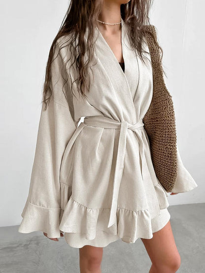 NTG Fad S / Beige Ruffled Tie Pajamas Two-Piece Set