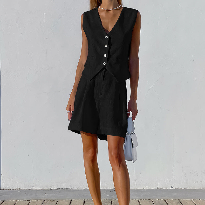 NTG Fad S / Black Cotton linen vest wide-leg shorts set